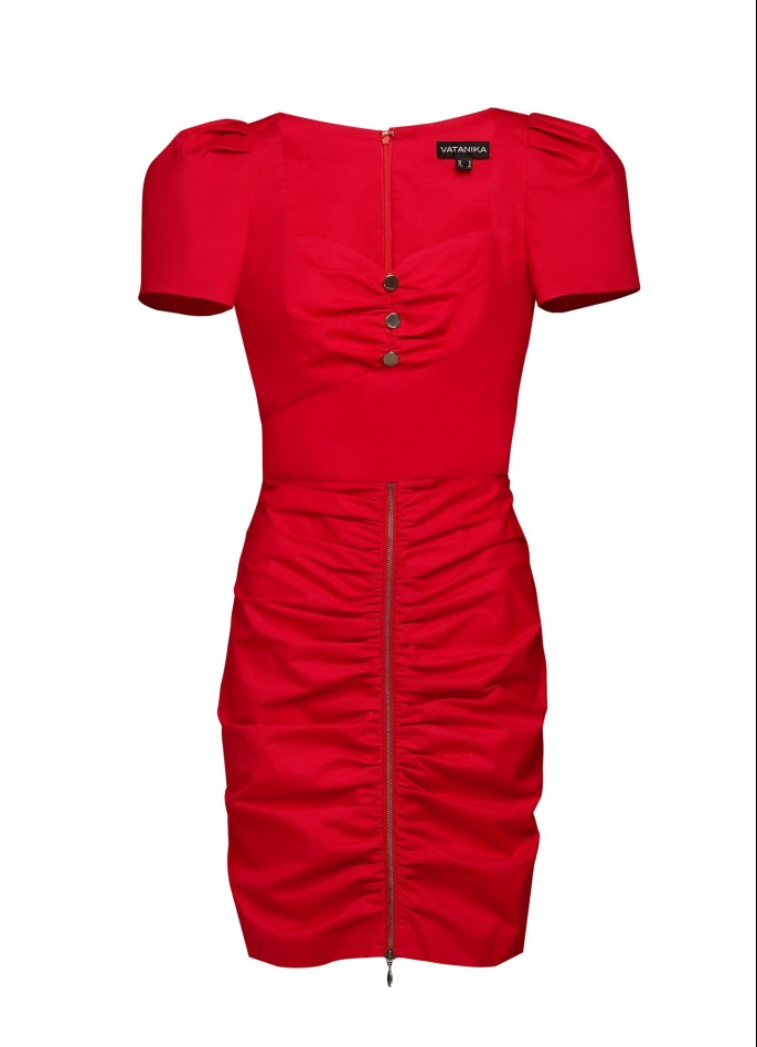 RED RUCHED COTTON POPLIN ZIP SLIT DRESS